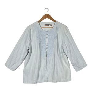 Chico's Embroidered Jacket sz 3 (XL) Pale Blue Open Front 100% Cotton